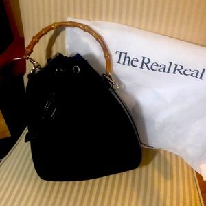 Gucci bamboo handle fabric and leather bucket bag